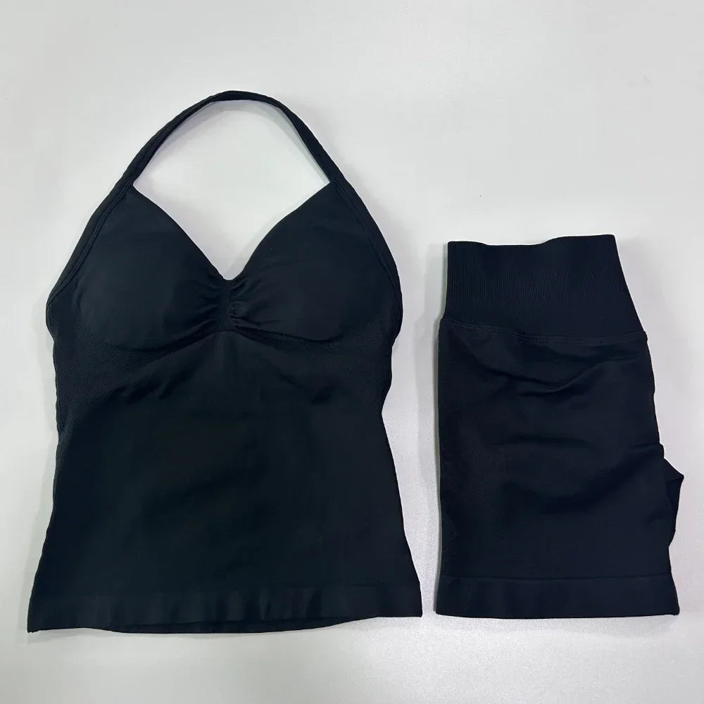 2 sets of sportswear, peach-bottomed shorts set, drawstring top, seamless impact tight shorts, yoga outfit, fitness set