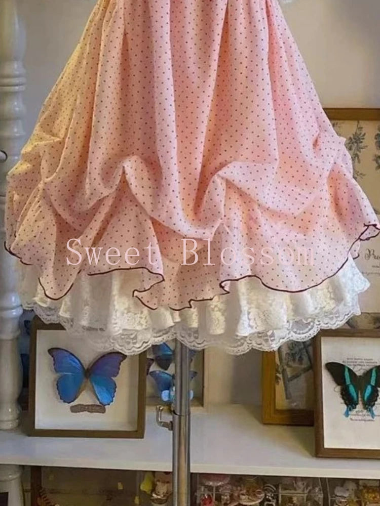 Japanese Fashion Sweet Cute 2 Piece Set Women Mini Lace Tops + Polka Dot Dress New Fit Chic Kawaii Fluffy Retro Suit Summer 2025