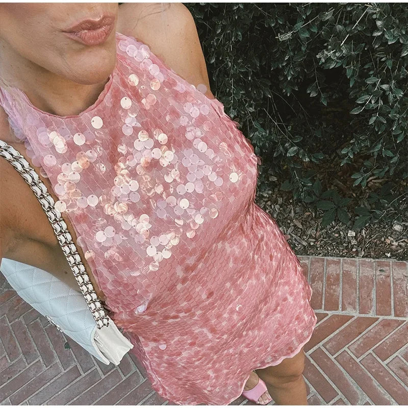 Halter Sequin Mini Dresses Sexy Sleeveless Backless Women Party Gown Fashion Solid Color Shiny Hanging Neck Beach Short Dresses