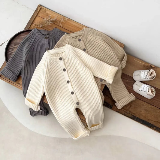 Toddler Baby Girl Boy Solid Color Knitted Romper 0-18M Baby Newborn Items Button Front Ribbed Long Sleeve Casual Autumn Jumpsuit
