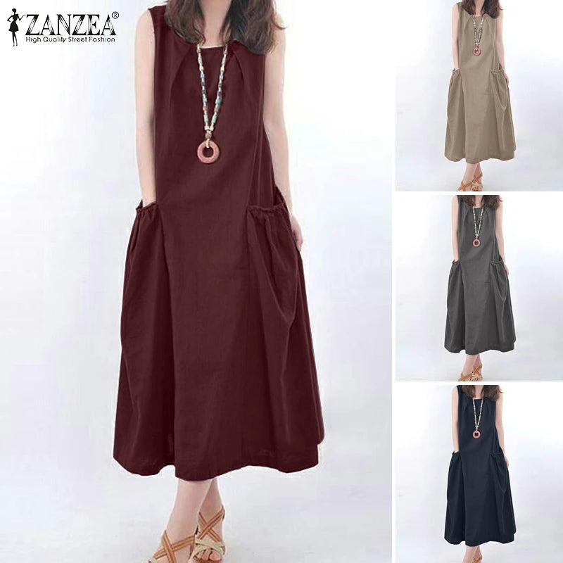 ZANZEA Summer Sleeveless Maxi Dress Women Fashion Work Holiday Sundress Casual  Solid Color O-Neck Vestidos Midi Robe Oversize