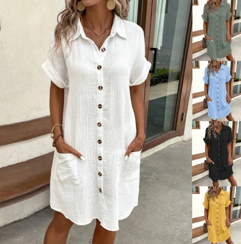 Women's Fashion Summer Minimalist V-neck Button Up Dress Woman Cotton Linen White Short Sleeved Pocket Casual Loose Shirt Dress