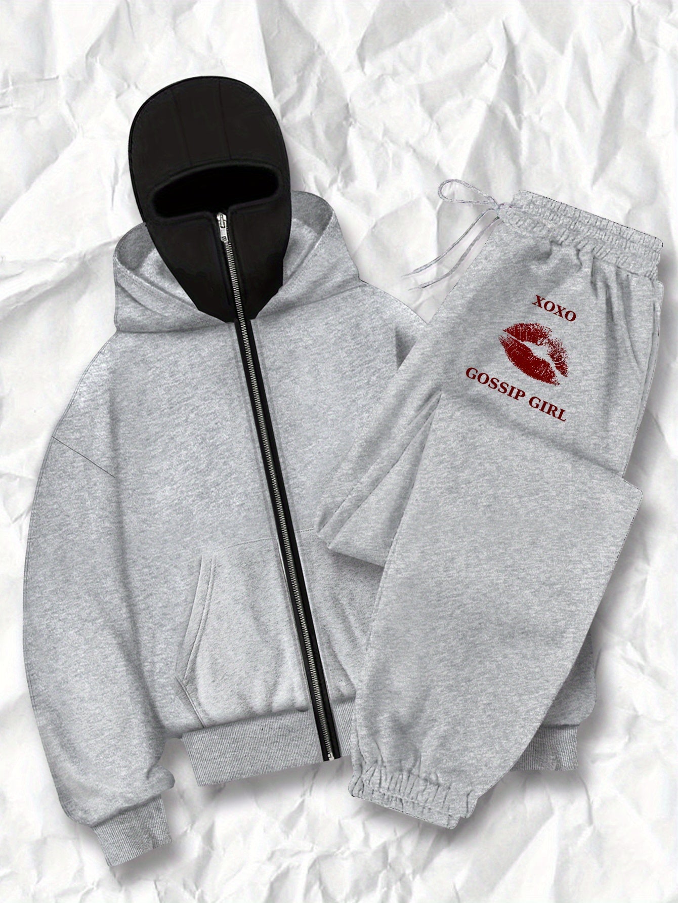 Women's fashion casual creative printed pattern s balaclava jacket and cuff drawstring s pants set, autumn and winter season items, Warm Suits For Women, Proper Winter Long Jacket Tracksuit For Women, Winter Suit For Women, W