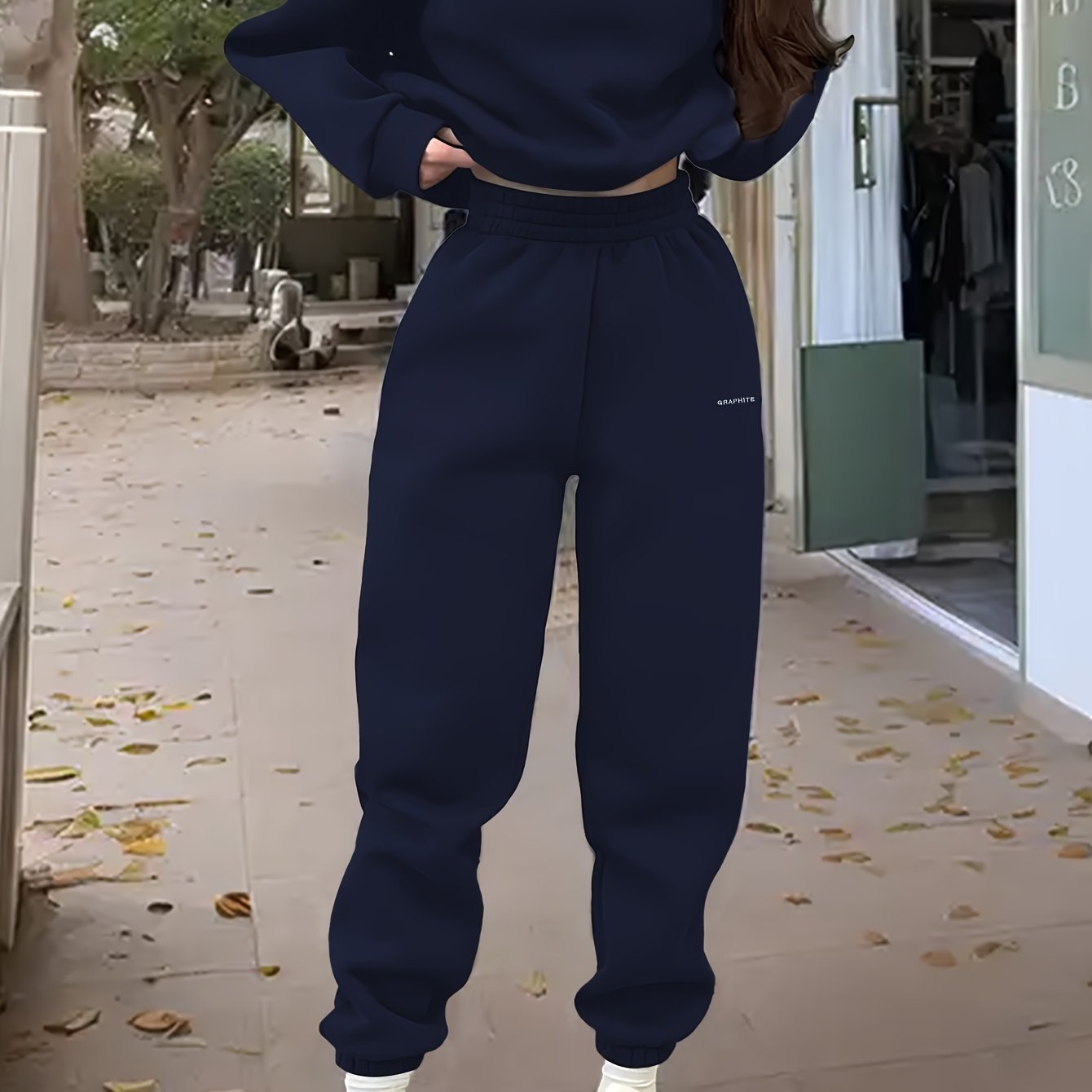 Women'S Spring/Fall Casual Sportswear Set, Polyester 100% Long Sleeve Pullovers with Embroidered Alphabet Design, Crew Neck Drop Shoulder Knit Fabric, Medium Stretch, Loose Fit Sweatshirt and Pants Set