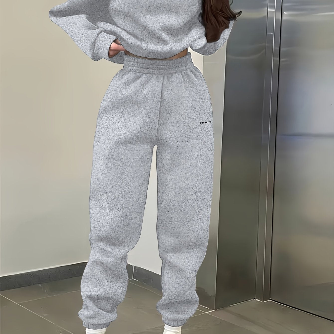 Women'S Spring/Fall Casual Sportswear Set, Polyester 100% Long Sleeve Pullovers with Embroidered Alphabet Design, Crew Neck Drop Shoulder Knit Fabric, Medium Stretch, Loose Fit Sweatshirt and Pants Set