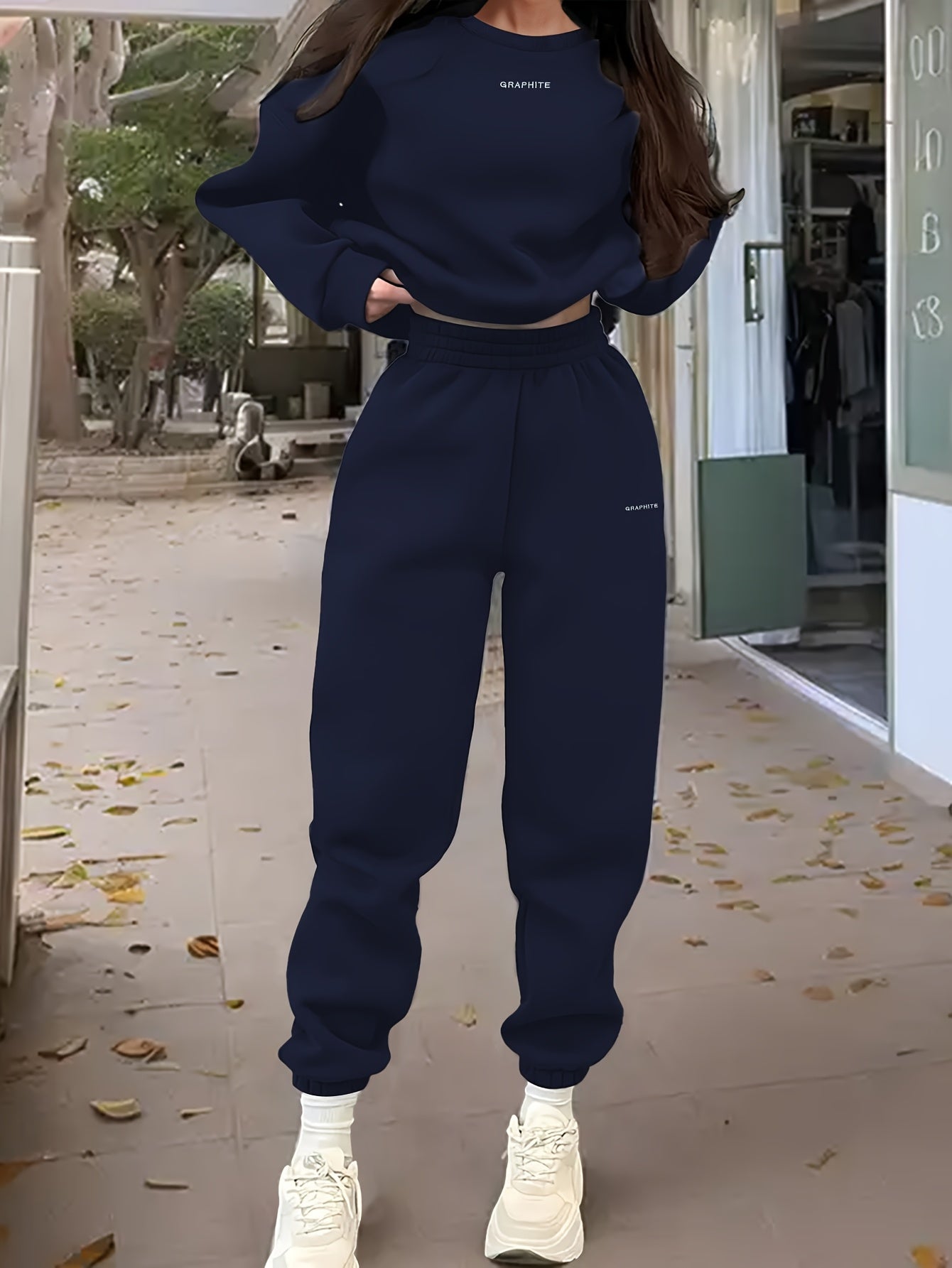 Women'S Spring/Fall Casual Sportswear Set, Polyester 100% Long Sleeve Pullovers with Embroidered Alphabet Design, Crew Neck Drop Shoulder Knit Fabric, Medium Stretch, Loose Fit Sweatshirt and Pants Set