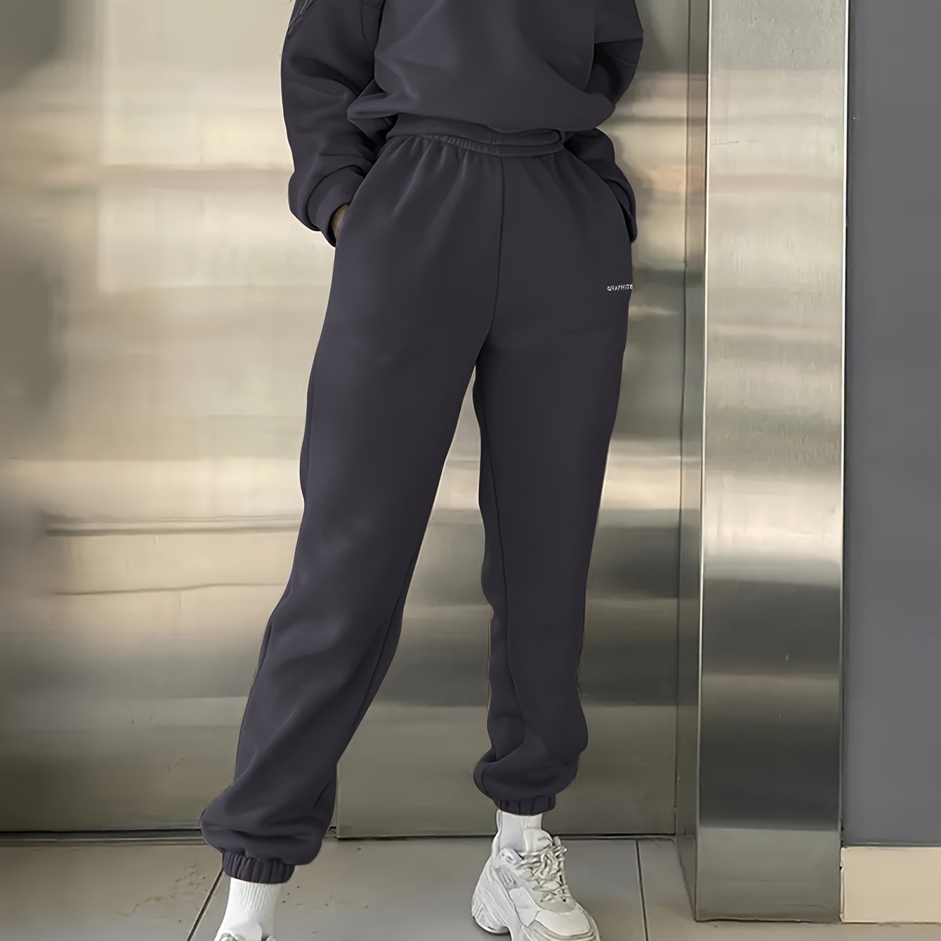 Women'S Spring/Fall Casual Sportswear Set, Polyester 100% Long Sleeve Pullovers with Embroidered Alphabet Design, Crew Neck Drop Shoulder Knit Fabric, Medium Stretch, Loose Fit Sweatshirt and Pants Set