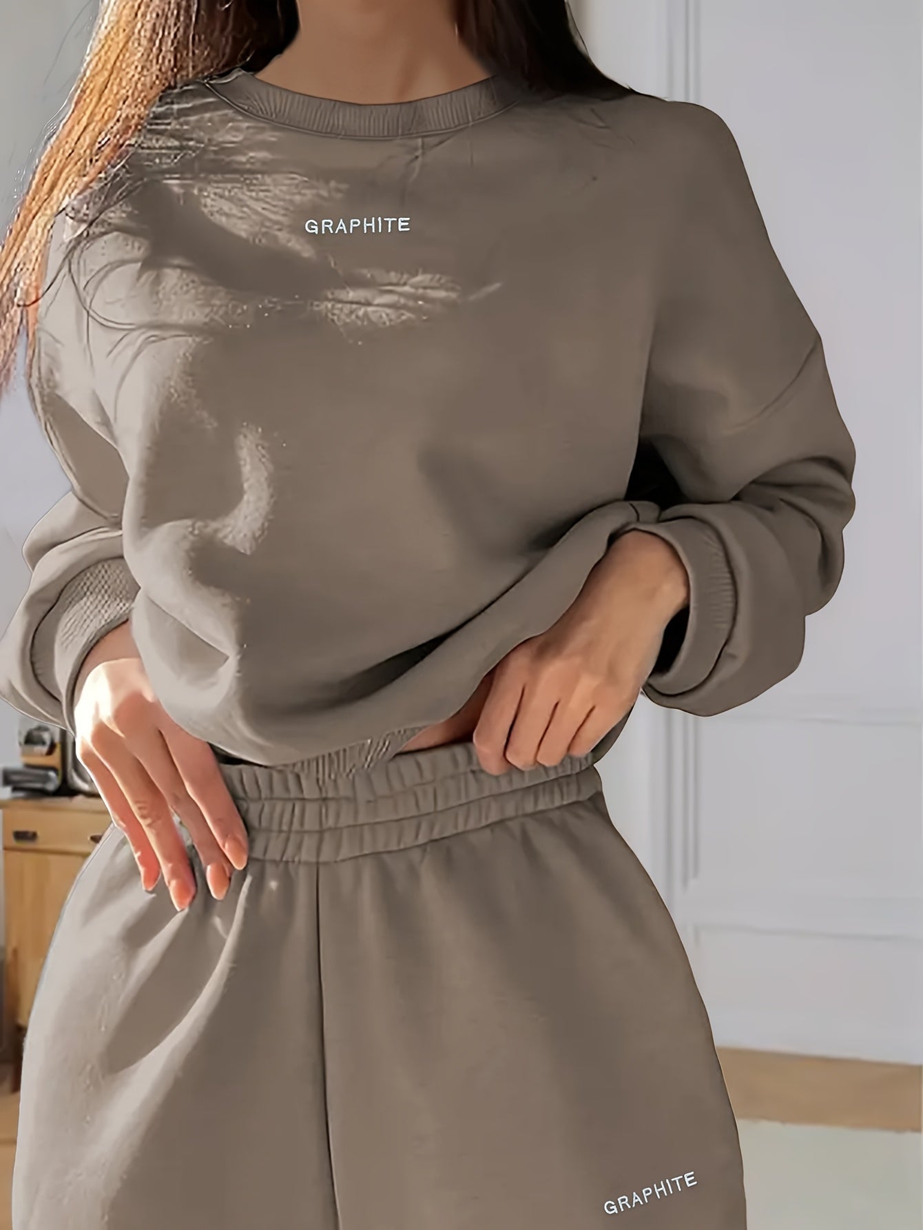 Women'S Spring/Fall Casual Sportswear Set, Polyester 100% Long Sleeve Pullovers with Embroidered Alphabet Design, Crew Neck Drop Shoulder Knit Fabric, Medium Stretch, Loose Fit Sweatshirt and Pants Set