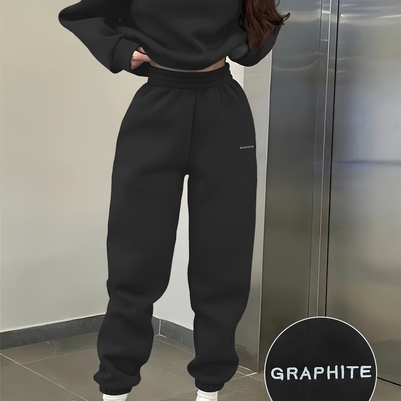 Women'S Spring/Fall Casual Sportswear Set, Polyester 100% Long Sleeve Pullovers with Embroidered Alphabet Design, Crew Neck Drop Shoulder Knit Fabric, Medium Stretch, Loose Fit Sweatshirt and Pants Set